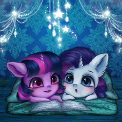 Size: 900x900 | Tagged: safe, artist:holambaoduyen, derpibooru import, rarity, twilight sparkle, pony, unicorn, blanket, blushing, book, chibi, commission, cute, duo, lying down, prone, raribetes, sleepover, twiabetes