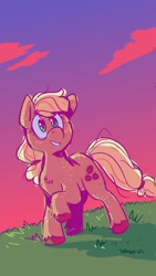 Size: 800x1423 | Tagged: safe, artist:simondrawsstuff, derpibooru import, applejack, earth pony, pony, cloud, colored hooves, female, mare, missing accessory, signature, sky, solo, sunset