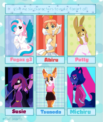 Size: 603x712 | Tagged: safe, artist:the_arts_perfume, derpibooru import, star catcher, anthro, dik dik, human, pegasus, pony, rabbit, g3, aggretsuko, animal, anthro with ponies, bna: brand new animal, clothes, crossover, deltarune, female, glowing eyes, haru (beastars), maple town, mare, michiru kagemori, patty rabbit, princess tutu, rearing, signature, six fanarts, skirt, smiling, susie (deltarune), tsunoda, unshorn fetlocks