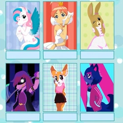 Size: 813x813 | Tagged: safe, artist:the_arts_perfume, derpibooru import, star catcher, anthro, dik dik, human, pegasus, pony, rabbit, g3, aggretsuko, animal, anthro with ponies, bna: brand new animal, clothes, crossover, deltarune, female, glowing eyes, haru (beastars), maple town, mare, michiru kagemori, patty rabbit, princess tutu, rearing, signature, six fanarts, skirt, smiling, susie (deltarune), tsunoda, unshorn fetlocks