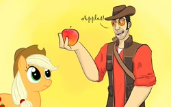 Size: 1280x802 | Tagged: safe, artist:cutecartsy, derpibooru import, applejack, earth pony, human, pony, apple, crossover, female, food, male, mare, sniper, team fortress 2