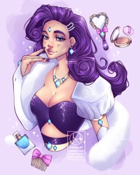 Size: 1080x1350 | Tagged: safe, artist:resaa.art, derpibooru import, rarity, human, belt, blushing, bow, bust, clothes, comb, compact mirror, diamond, ear piercing, earring, eyeshadow, faux fur, female, gem, gloves, hairclip, humanized, jewel, jewelry, lipstick, makeup, mirror, nail polish, necklace, perfume, piercing, portrait, powder puff, ring, shawl, solo, sparkles, tiara