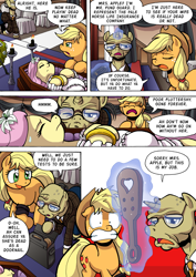 Size: 1204x1700 | Tagged: safe, artist:tarkron, derpibooru import, applejack, fluttershy, earth pony, pegasus, pony, unicorn, comic:what happens in las pegasus, comic, imminent spanking, insurance fraud, levitation, magic, old, paddle, telekinesis