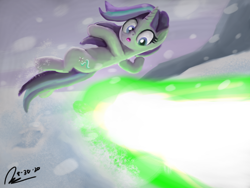 Size: 1600x1200 | Tagged: safe, artist:raphaeldavid, derpibooru import, starlight glimmer, pony, unicorn, the ending of the end, blast, dodge, female, fight, implied queen chrysalis, laser, magic, magic beam, magic blast, offscreen character, open mouth, snow, solo