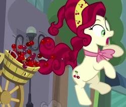 Size: 1318x1125 | Tagged: safe, derpibooru import, screencap, cherry jubilee, earth pony, pony, party pooped, cherry, cropped, food, surprised