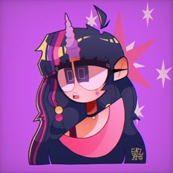 Size: 1080x1080 | Tagged: safe, artist:x_.sazxto._x, derpibooru import, twilight sparkle, human, bust, choker, clothes, cutie mark, cutie mark background, cutie mark on cheek, cutie mark on human, female, horn, horned humanization, humanized, jewelry, necklace, portrait, shirt, solo