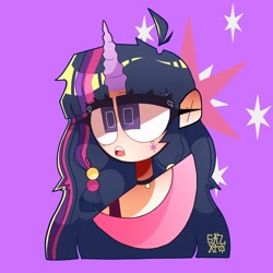 Size: 1080x1080 | Tagged: safe, alternate version, artist:x_.sazxto._x, derpibooru import, twilight sparkle, human, bust, choker, clothes, cutie mark, cutie mark background, cutie mark on cheek, cutie mark on human, female, horn, horned humanization, humanized, jewelry, necklace, portrait, shirt, solo