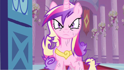 Size: 1280x720 | Tagged: safe, derpibooru import, screencap, princess cadance, alicorn, pony, a canterlot wedding, canterlot castle, determined, female, messy mane, solo