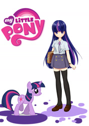 Size: 1240x1748 | Tagged: safe, artist:月櫻, derpibooru import, twilight sparkle, human, pony, unicorn, anime, anime style, blouse, book, bookmark, brooch, clothes, cute, cutie mark accessory, horn, horned humanization, human ponidox, humanized, loafers, moe, my little pony logo, pixiv, pleated skirt, preppy, schoolgirl, self ponidox, shoes, skirt, socks, solo, stockings, thigh highs, watch, zettai ryouiki