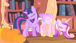 Size: 1920x1080 | Tagged: safe, derpibooru import, screencap, princess cadance, twilight sparkle, twilight sparkle (alicorn), alicorn, pony, three's a crowd, disgusting, duo, eyes closed, female, golden oaks library, implied fart, pumpkin, sisters-in-law