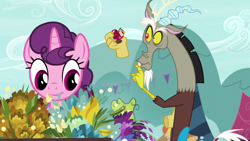 Size: 1920x1080 | Tagged: safe, derpibooru import, screencap, discord, sugar belle, the big mac question, apple, flower, flower shop, food