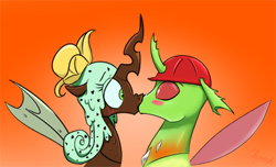 Size: 1500x910 | Tagged: safe, artist:chopsticks, derpibooru import, oc, oc only, oc:berzie, oc:physalis, changedling, changeling, changeling queen, food pony, original species, pony, blushing, chocolate, female, food, forced kiss, kissing, male, oc x oc, ponified, shipping, simple background, style emulation, surprise kiss