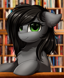 Size: 1446x1764 | Tagged: safe, artist:pridark, derpibooru import, oc, oc only, oc:vyden, earth pony, pony, :3, book, bookshelf, bust, chest fluff, commission, library, looking at you, portrait, reflection, smiling, solo