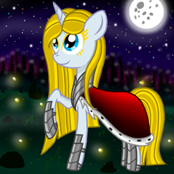 Size: 800x800 | Tagged: safe, artist:katya, derpibooru import, oc, oc:sparkle light, insect, unicorn, forest, moon, solo, stars, stone