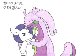 Size: 1097x811 | Tagged: safe, artist:cmara, derpibooru import, rarity, pony, unicorn, bipedal, crossover, cute, eyes closed, female, goodra, hug, mare, open mouth, pokémon, simple background, traditional art, uncomfortable, white background