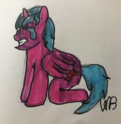 Size: 1242x1280 | Tagged: safe, artist:whistle blossom, derpibooru import, cozy glow, alicorn, pony, anatomically incorrect, cozybetes, crying, cute, eyes closed, female, filly, foal, incorrect leg anatomy, marker drawing, sad, simple background, sitting, traditional art, whistleverse, white background