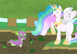 Size: 2400x1700 | Tagged: safe, artist:amateur-draw, derpibooru import, princess celestia, spike, alicorn, dragon, pony, bog, female, froggy bottom bog, laughing, mare, messy, mud, muddy, raised hoof, request, requested art, simple background, stuck, swamp