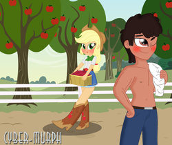 Size: 5777x4853 | Tagged: safe, artist:cyber-murph, derpibooru import, applejack, oc, oc:omega, equestria girls, apple, apple tree, belly button, belt, blushing, boots, canon x oc, carrying, clothes, commission, cowboy hat, food, hat, jeans, nipples, pants, partial nudity, ponytail, shoes, signature, skirt, sweet apple acres, topless, tree