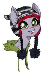 Size: 535x850 | Tagged: safe, artist:hippykat13, derpibooru import, oc, oc only, oc:kitty sweet, bags under eyes, chromatic aberration, chullo, clothes, colored, cute, cute little fangs, digital art, ear piercing, earring, fangs, freckles, happy, hat, hoodie, jewelry, looking at you, piercing, scar, solo, traditional art