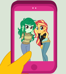 Size: 2044x2292 | Tagged: safe, artist:gmaplay, derpibooru import, sunset shimmer, wallflower blush, better together, equestria girls, cell, photo