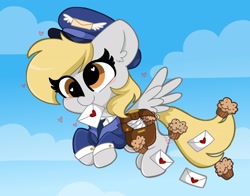 Size: 2048x1606 | Tagged: safe, artist:kittyrosie, derpibooru import, derpy hooves, my little pony: pony life, unboxing day, spoiler:pony life s01e30, cloud, cute, derpabetes, ear fluff, flying, food, heart, letter, mailmare, mouth hold, muffin, sky, solo, spread wings, wings