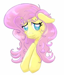 Size: 1280x1492 | Tagged: safe, artist:nedemai, derpibooru import, fluttershy, pegasus, pony, blushing, bust, cheek fluff, female, floppy ears, looking at you, mare, no pupils, portrait, simple background, smiling, solo, stray strand, three quarter view, white background