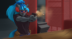 Size: 3326x1811 | Tagged: safe, artist:kittytitikitty, derpibooru import, oc, oc:kryostase, anthro, commission, commission open, gun, shooting range, weapon