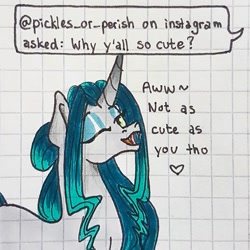 Size: 1080x1080 | Tagged: safe, artist:galaxy.in.mind, derpibooru import, oc, oc only, oc:crystal dawn, changepony, pony, unicorn, ask, bust, female, graph paper, heart, horn, magical lesbian spawn, makeup, mare, offspring, one eye closed, open mouth, parent:princess celestia, parent:queen chrysalis, parents:chryslestia, solo, traditional art, unicorn oc, wink