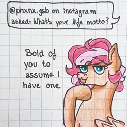 Size: 1080x1080 | Tagged: safe, artist:galaxy.in.mind, derpibooru import, oc, oc only, oc:cora, pegasus, pony, ask, bust, female, graph paper, mare, open mouth, pegasus oc, smiling, solo, thinking, traditional art, wings