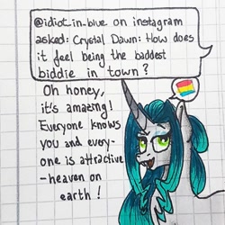 Size: 1080x1080 | Tagged: safe, artist:galaxy.in.mind, derpibooru import, oc, oc only, oc:crystal dawn, changepony, hybrid, pony, unicorn, ask, bust, female, graph paper, horn, magical lesbian spawn, makeup, mare, offspring, open mouth, pansexual, pansexual pride flag, parent:princess celestia, parent:queen chrysalis, parents:chryslestia, pictogram, pride, pride flag, solo, traditional art, unicorn oc
