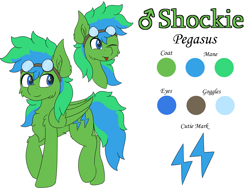 Size: 8000x6000 | Tagged: safe, artist:skylarpalette, derpibooru import, oc, oc only, oc:shockie, pegasus, pony, :p, blue eyes, cheek fluff, chest fluff, colored, cute, ear fluff, flat colors, fluffy, full body, goggles, green fur, headshot commission, looking back, male, pegasus oc, reference sheet, simple background, smiling, stallion, tongue out, walking, white background, wings