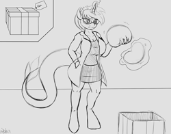 Size: 2300x1800 | Tagged: safe, artist:novaspark, derpibooru import, oc, oc only, oc:nova spark, anthro, monster pony, original species, tatzlpony, clothes, female, implants, lab coat, self insert, sketch, solo