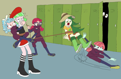 Size: 1474x963 | Tagged: safe, artist:bugssonicx, derpibooru import, alizarin bubblegum, cozy glow, melon mint, sweet leaf, watermelody, equestria girls, bondage, bow, brightly colored ninjas, canterlot high, captured, chloroform, crystal prep academy students, fight, implied derpy hooves, kunoichi, lasso, locker, martial arts, mask, ninja, rope, sandals, surprised, sweep kick