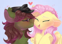 Size: 3500x2500 | Tagged: safe, artist:kebchach, derpibooru import, fluttershy, oc, oc:kay, earth pony, pegasus, pony, blushing, canon x oc, cute, eyes closed, female, floating heart, glasses, happy, hat, heart, kayshy, kiss on the cheek, kissing, male, mare, open mouth, shipping, shyabetes, stallion, straight