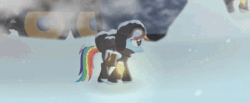 Size: 1426x587 | Tagged: safe, artist:yudhaikeledai, rainbow dash, pegasus, pony, animated, backpack, bag, clothes, coat, female, flashlight (object), frostpony, frostpunk, goggles, hat, i can't believe it's not hasbro studios, ice, mare, ponified, post-apocalyptic, sad, saddle bag, sadness, scarf, snow, snowfall, snowflake, solo, train, trotting, wheel, winter clothes, winter coat, youtube link
