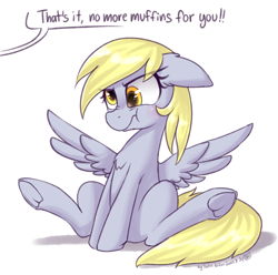 Size: 2345x2329 | Tagged: safe, artist:datte-before-dawn, artist:dsp2003, derpy hooves, pegasus, pony, collaboration, blushing, comic, cute, dialogue, female, floppy ears, frog (hoof), golden eyes, gray coat, grumpy, looking forward, mare, nose wrinkle, offscreen character, scrunchy face, shaming, signature, simple background, single panel, speech bubble, spread legs, spread wings, underhoof, white background, yellow mane, yellow tail