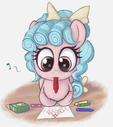 Size: 1337x1500 | Tagged: safe, artist:t72b, derpibooru exclusive, derpibooru import, cozy glow, pegasus, pony, bow, crayon, curly hair, drawing, female, filly, looking down, mare, mouth hold, ponyloaf, simple background, solo