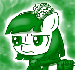 Size: 640x600 | Tagged: safe, artist:ficficponyfic, derpibooru import, part of a set, oc, oc:mulberry telltale, bag, cyoa, cyoa:madness in mournthread, ears up, flower, frown, headband, looking to the left, monochrome, neckerchief, set brows, shawl, story included