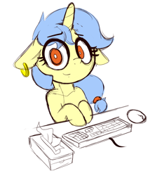 Size: 1182x1281 | Tagged: safe, artist:fullmetalpikmin, derpibooru import, oc, oc:viewing pleasure, mouse, unicorn, colored sketch, ear piercing, earring, jewelry, keyboard, looking at you, piercing, solo, tissue box