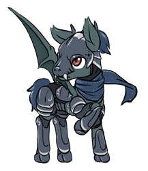 Size: 1089x1253 | Tagged: safe, artist:multiverseequine, derpibooru import, oc, oc only, oc:rough fluff, bat pony, pony, armor, bat pony oc, bat wings, clothes, daybreak island, male, scarf, simple background, solo, stallion, standing, transparent background, wings