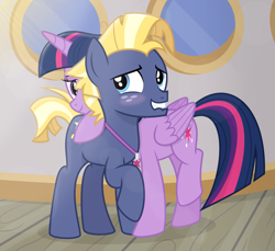 Size: 3275x3000 | Tagged: safe, artist:devfield, derpibooru import, star tracker, twilight sparkle, twilight sparkle (alicorn), alicorn, earth pony, pony, once upon a zeppelin, blushing, cute, female, high res, hug, lip bite, male, mare, shipping, show accurate, stallion, straight, twitracker