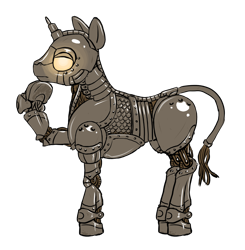 Size: 1220x1247 | Tagged: safe, artist:multiverseequine, derpibooru import, oc, oc only, oc:solder gear, pony, robot, robot pony, unicorn, android, daybreak island, glowing eyes, male, profile, rubbing chin, simple background, solo, stallion, transparent background