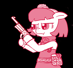 Size: 640x600 | Tagged: safe, artist:ficficponyfic, derpibooru import, part of a series, part of a set, oc, oc:mulberry telltale, bag, bent legs, boot, cyoa, cyoa:madness in mournthread, drawn gun, drawn weapon, female, floppy ears, flower, frown, glare, gun, handgun, handkerchief, headband, looking to the left, mare, monochrome, mystery, pistol, shawl, simple background, story included, weapon