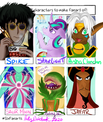 Size: 1188x1416 | Tagged: safe, artist:inkynotebook, derpibooru import, starlight glimmer, human, pony, unicorn, aisha clanclan, aladdin, audrey 2, beard, cowboy bebop, crossover, cutie mark vault, dark skin, facial hair, female, food, jafar, little shop of horrors, male, mare, noodles, outlaw star, ramen, s5 starlight, sailor moon, six fanarts, spike spiegel, transformation