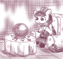 Size: 640x600 | Tagged: safe, artist:ficficponyfic, derpibooru import, part of a set, oc, oc:mulberry telltale, boots, clothes, crystal ball, cyoa, cyoa:madness in mournthread, dress, ears up, enchanted crystal ball, enchanted table, flower, headband, hooves together, intense, intense stare, magic runes, monochrome, neckerchief, pursed lips, shawl, shoes, sitting in chair, story included, table, watching