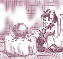 Size: 640x600 | Tagged: safe, artist:ficficponyfic, derpibooru import, part of a set, oc, oc:mulberry telltale, bag, boots, chair, clothes, container, crystal ball, cyoa, cyoa:madness in mournthread, dress, ears up, enchanted crystal ball, enchanted table, eyeshadow, flower, headband, magic runes, makeup, monochrome, neckerchief, open bag, shawl, shoes, sitting in chair, smiling, story included