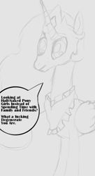 Size: 600x1100 | Tagged: safe, derpibooru import, princess celestia, alicorn, pony, gray background, simple background, word balloon