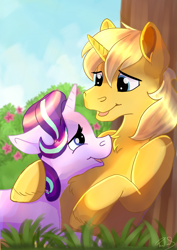 Size: 2480x3507 | Tagged: safe, artist:ryla, derpibooru import, starlight glimmer, oc, oc:sunlight bolt, pony, unicorn, canon x oc, commission, cuddling, looking at each other, romantic, ych result