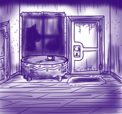 Size: 640x600 | Tagged: safe, artist:ficficponyfic, derpibooru import, part of a set, cup, curtains, cyoa, cyoa:madness in mournthread, door, door mat, empty room, monochrome, shadow, shadow on curtains, story included, table, teacup