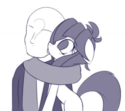 Size: 1465x1303 | Tagged: safe, artist:an-m, derpibooru import, oc, oc only, oc:abstract module, oc:anon, human, pony, clothes, grayscale, licking, monochrome, scarf, simple background, tongue out, white background